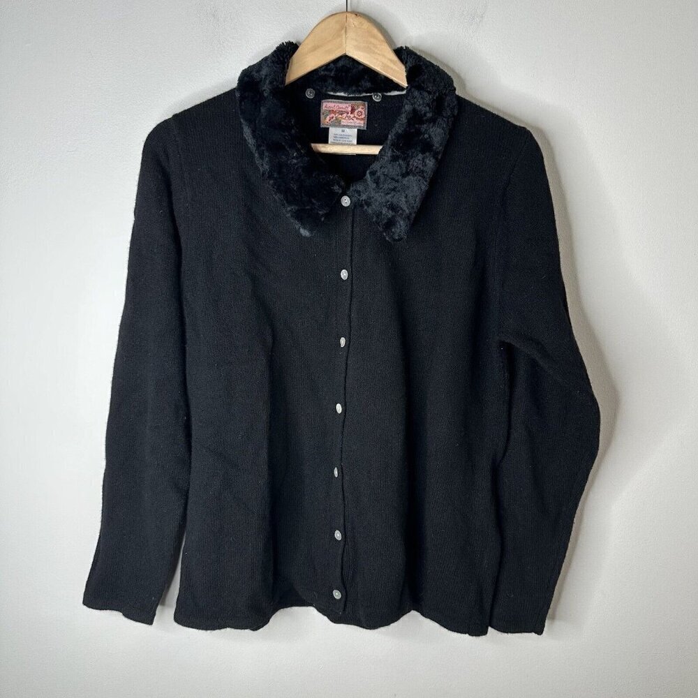 April Cornell Sweater Womens Black Chunky Knit Lambswool Fur‎ Collar Jacket M